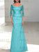 Off the shoulder satin mermaid gown with lace sleeves in turquoise