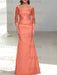 Watermelon off the shoulder satin mother of the bride gown with lace sleeves