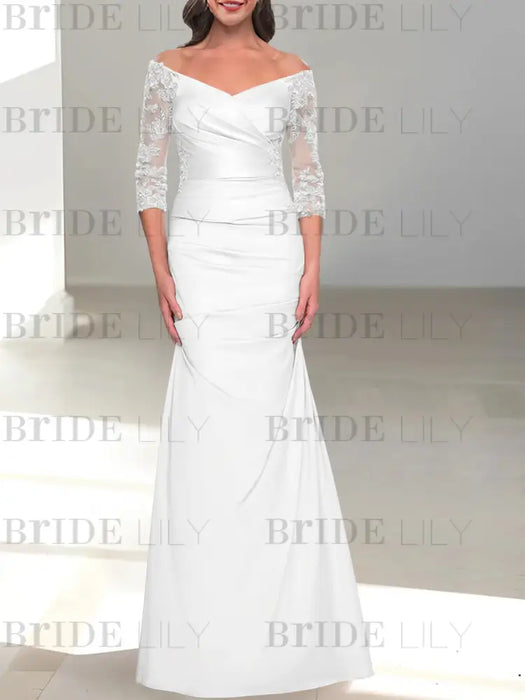 Off the shoulder satin mermaid gown with lace sleeves in white