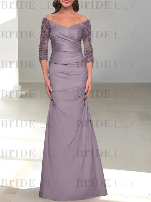 Wisteria off the shoulder satin mother of the bride gown with lace sleeves