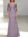 Wisteria off the shoulder satin mother of the bride gown with lace sleeves