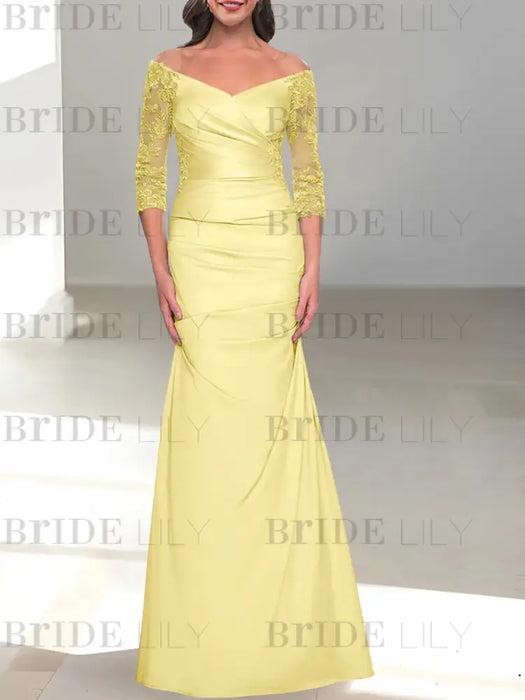 Yellow off the shoulder satin mother of the bride gown with lace sleeves