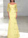 Yellow off the shoulder satin mother of the bride gown with lace sleeves