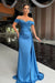 Blue Off-the-Shoulder Satin Mermaid Prom Dress with Beadings