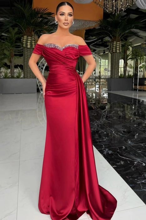Red Off-the-Shoulder Satin Mermaid Prom Dress with Beadings