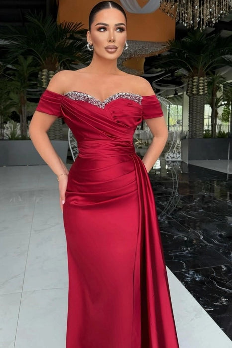 Red Off-the-Shoulder Satin Mermaid Prom Dress with Beadings
