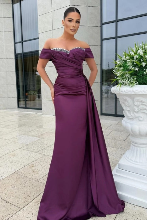 Regency Off-the-Shoulder Satin Mermaid Prom Dress with Beadings