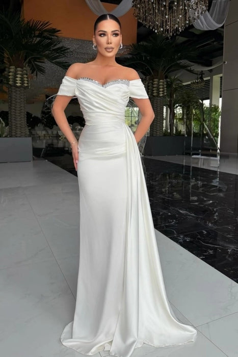 White Off-the-Shoulder Satin Mermaid Prom Dress with Beadings