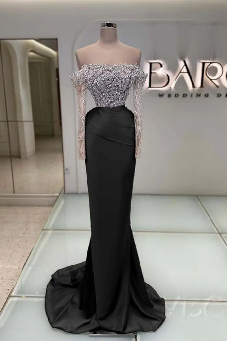 Off-the-Shoulder Ruffles Satin Mermaid Prom Dress Beadings with Sleeves Black