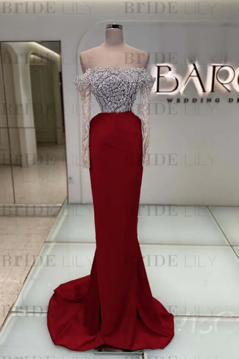 Off-the-Shoulder Ruffles Satin Mermaid Prom Dress Beadings with Sleeves Red