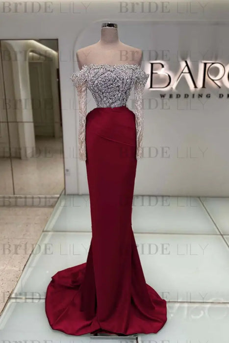 Off-the-Shoulder Ruffles Satin Mermaid Prom Dress Beadings with Sleeves Burgundy