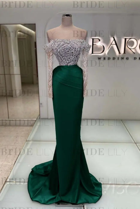 Off-the-Shoulder Ruffles Satin Mermaid Prom Dress Beadings with Sleeves Dark Green
