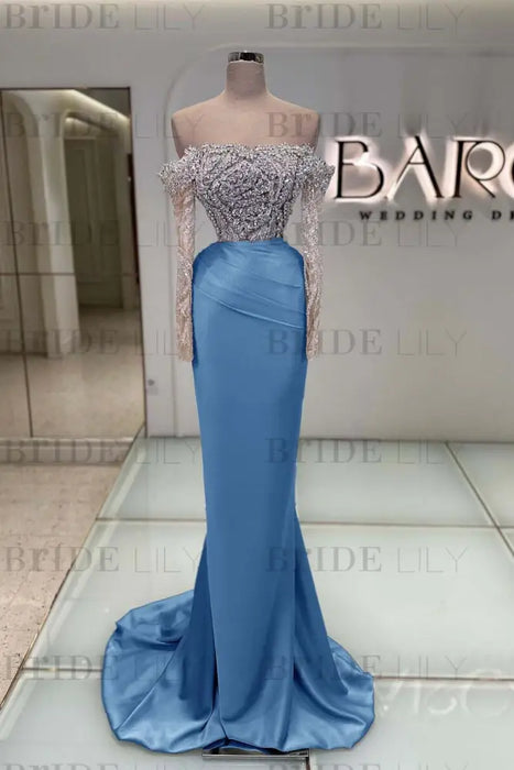 Off-the-Shoulder Ruffles Satin Mermaid Prom Dress Beadings with Sleeves Dusty Blue