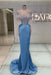 Off-the-Shoulder Ruffles Satin Mermaid Prom Dress Beadings with Sleeves Dusty Blue