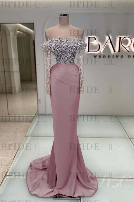 Off-the-Shoulder Ruffles Satin Mermaid Prom Dress Beadings with Sleeves Dusty Pink