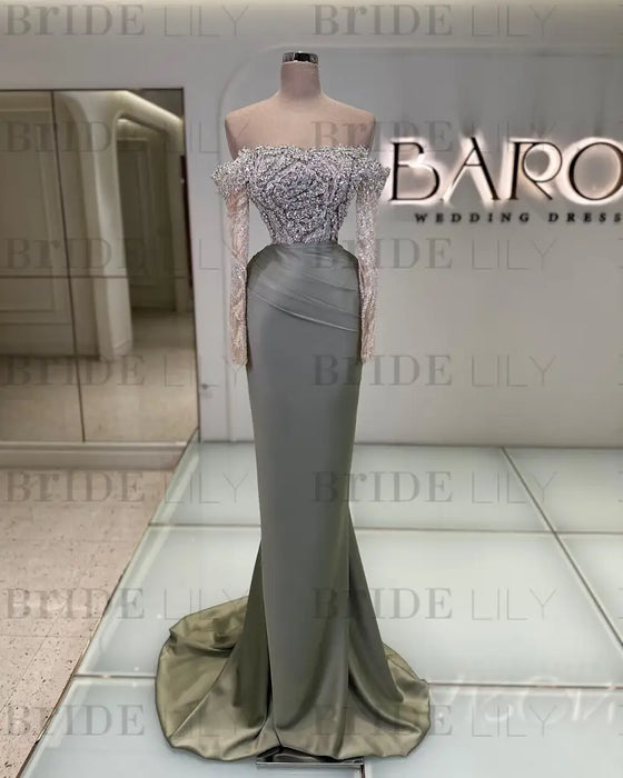 Off-the-Shoulder Ruffles Satin Mermaid Prom Dress Beadings with Sleeves Dusty Sage