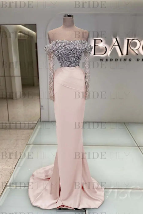 Off-the-Shoulder Ruffles Satin Mermaid Prom Dress Beadings with Sleeves Pearl Pink