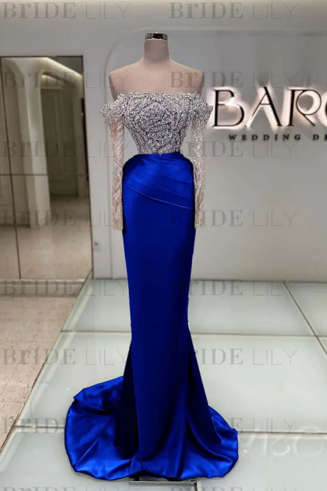 Off-the-Shoulder Ruffles Satin Mermaid Prom Dress Beadings with Sleeves Royal Blue