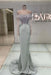 Off-the-Shoulder Ruffles Satin Mermaid Prom Dress Beadings with Sleeves Silver