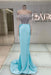 Off-the-Shoulder Ruffles Satin Mermaid Prom Dress Beadings with Sleeves Sky Blue