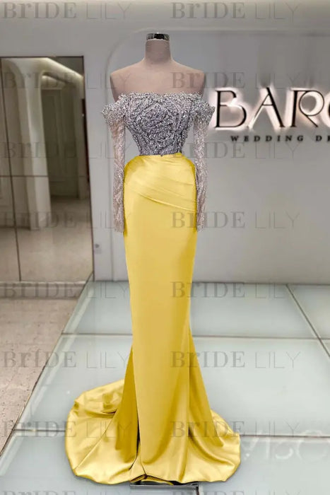 Off-the-Shoulder Ruffles Satin Mermaid Prom Dress Beadings with Sleeves Yellow
