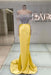 Off-the-Shoulder Ruffles Satin Mermaid Prom Dress Beadings with Sleeves Yellow