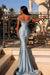 Exquisite Dusty Blue Satin Beading Mermaid Evening Dresses Off-the-Shoulder