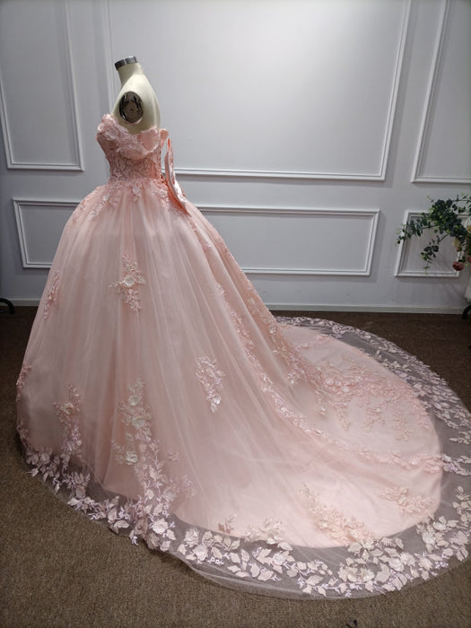 Off-the-Shoulder Satin Pink Aline Ball Gown Chapel Train Quinceanera Dress with Bow - Prom Dress