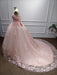Off-the-Shoulder Satin Pink Aline Ball Gown Chapel Train Quinceanera Dress with Bow - Prom Dress