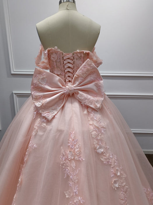 Off-the-Shoulder Satin Pink Aline Ball Gown Chapel Train Quinceanera Dress with Bow - Prom Dress