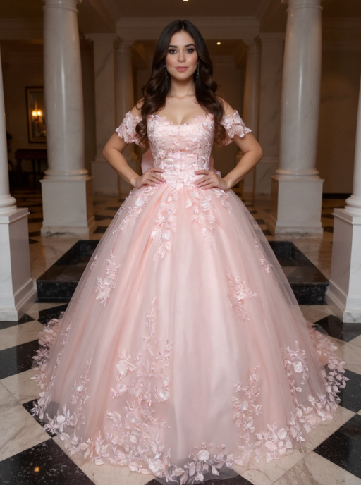 Off-the-Shoulder Satin Pink Aline Ball Gown Chapel Train Quinceanera Dress with Bow - Prom Dress