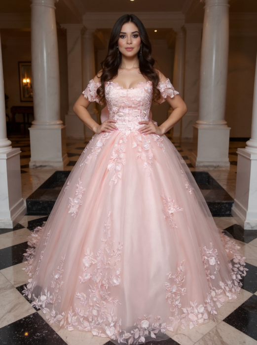 Off-the-Shoulder Satin Pink Aline Ball Gown Chapel Train Quinceanera Dress with Bow - Prom Dress