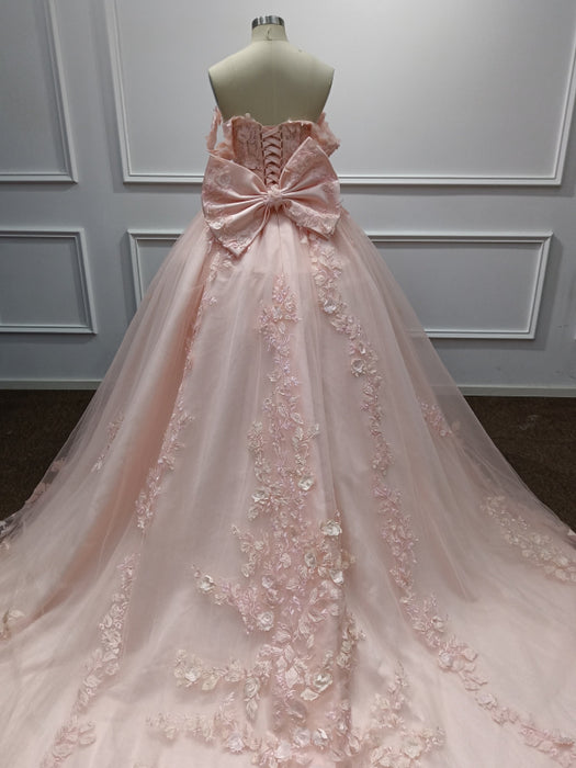 Off-the-Shoulder Satin Pink Aline Ball Gown Chapel Train Quinceanera Dress with Bow - Prom Dress