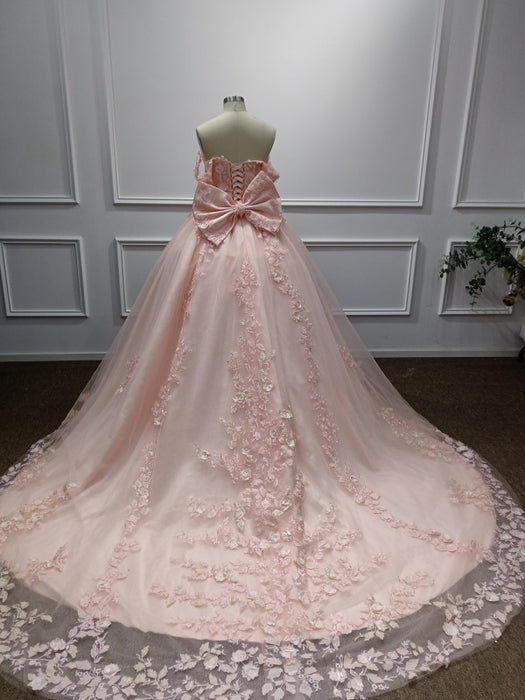Off-the-Shoulder Satin Pink Aline Ball Gown Chapel Train Quinceanera Dress with Bow - Prom Dress