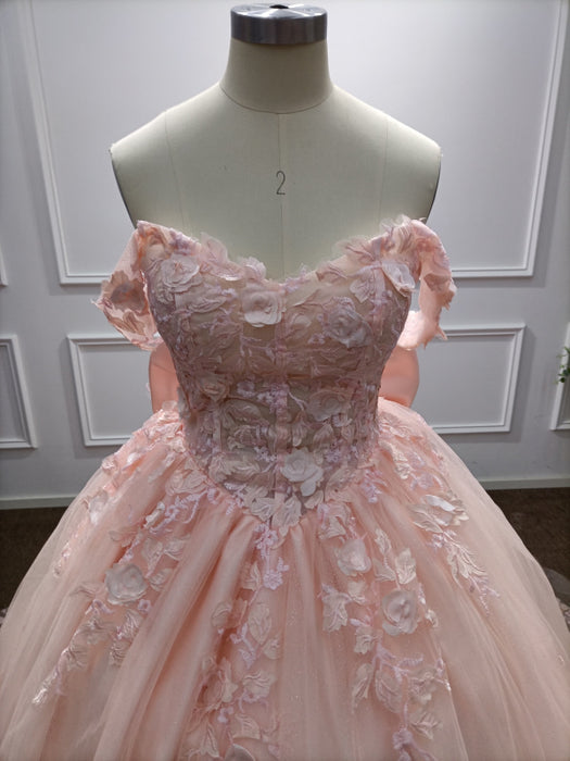 Off-the-Shoulder Satin Pink Aline Ball Gown Chapel Train Quinceanera Dress with Bow - Prom Dress