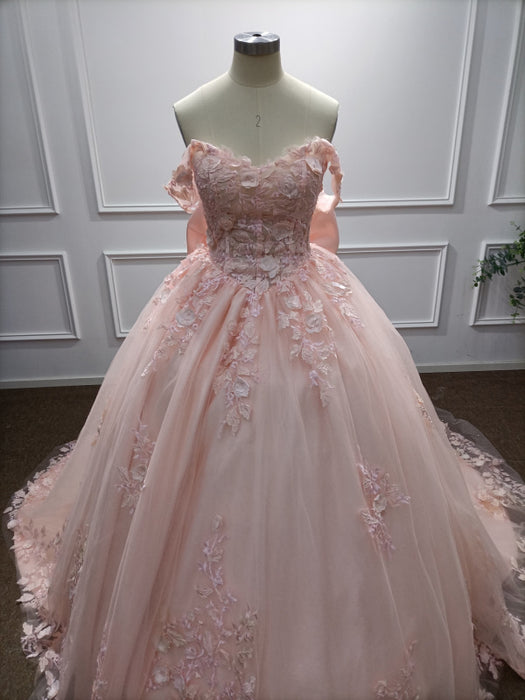 Off-the-Shoulder Satin Pink Aline Ball Gown Chapel Train Quinceanera Dress with Bow - Prom Dress