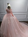 Off-the-Shoulder Satin Pink Aline Ball Gown Chapel Train Quinceanera Dress with Bow - Prom Dress
