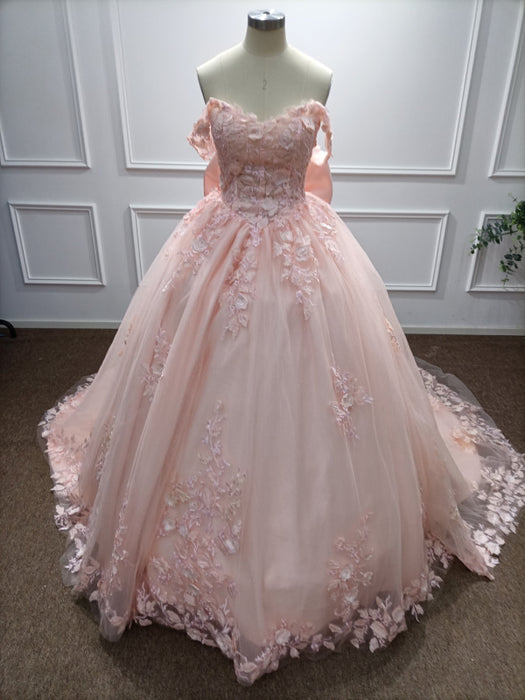 Off-the-Shoulder Satin Pink Aline Ball Gown Chapel Train Quinceanera Dress with Bow - Prom Dress