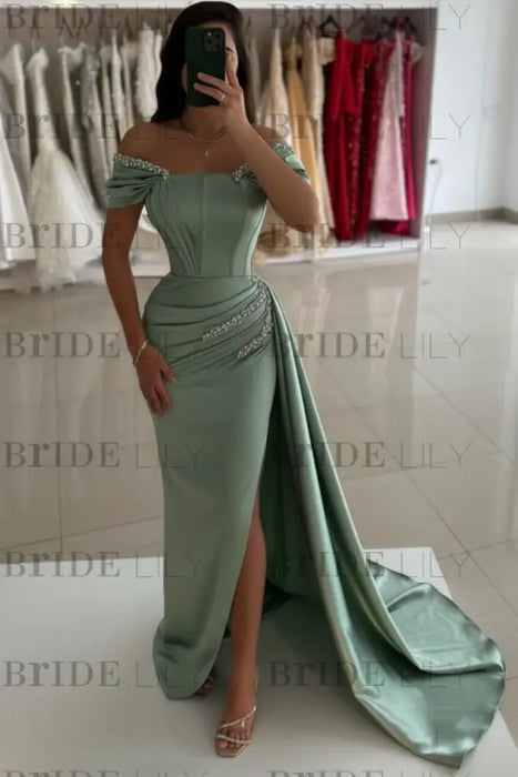 Dusty Sage Off-the-Shoulder Satin Prom Dress Mermaid Beadings Side Split Evening Dress