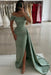 Dusty Sage Off-the-Shoulder Satin Prom Dress Mermaid Beadings Side Split Evening Dress