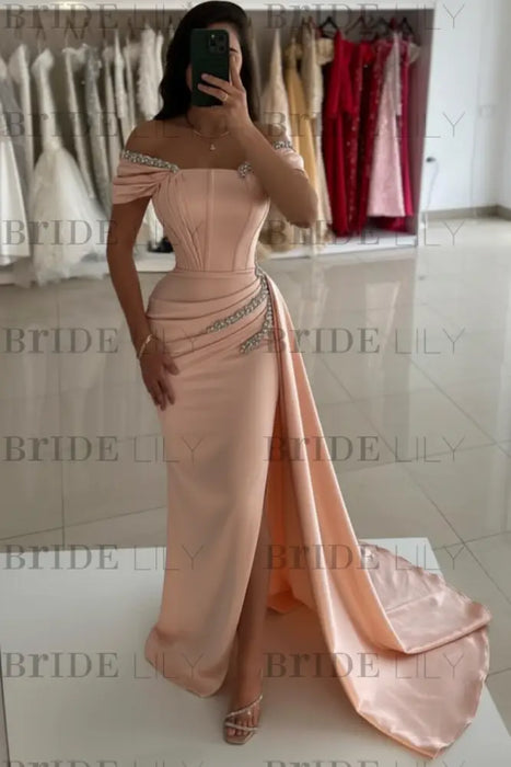 Peach Pink Off-the-Shoulder Satin Prom Dress Mermaid Beadings Side Split Evening Dress