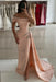 Peach Pink Off-the-Shoulder Satin Prom Dress Mermaid Beadings Side Split Evening Dress