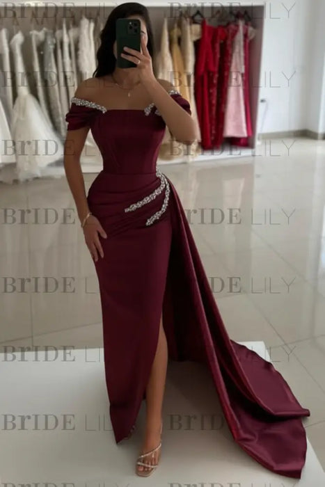 Dark Burgundy Off-the-Shoulder Satin Prom Dress Mermaid Beadings Side Split Evening Dress