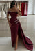 Dark Burgundy Off-the-Shoulder Satin Prom Dress Mermaid Beadings Side Split Evening Dress