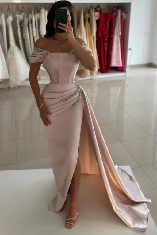 Off-the-Shoulder Satin Prom Dress Mermaid Beadings Side Split Evening Dress
