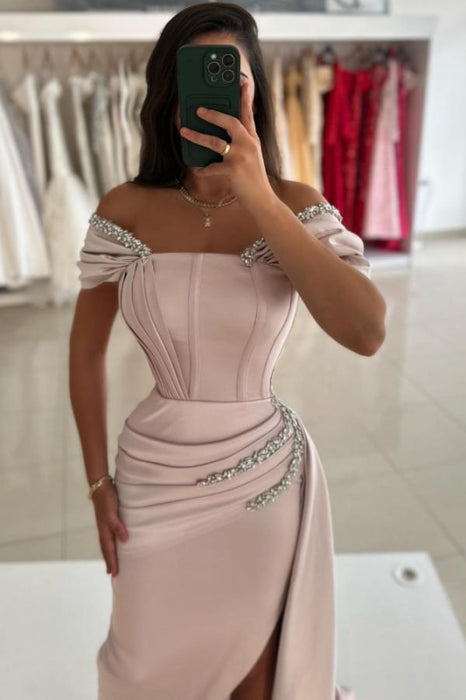 Off-the-Shoulder Satin Prom Dress Mermaid Beadings Side Split Evening Dress