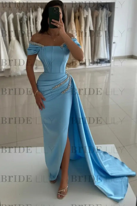 Sky Blue Off-the-Shoulder Satin Prom Dress Mermaid Beadings Side Split Evening Dress