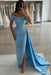 Sky Blue Off-the-Shoulder Satin Prom Dress Mermaid Beadings Side Split Evening Dress