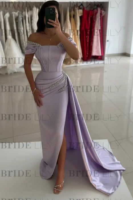 Lavender Off-the-Shoulder Satin Prom Dress Mermaid Beadings Side Split Evening Dress