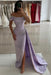 Lavender Off-the-Shoulder Satin Prom Dress Mermaid Beadings Side Split Evening Dress